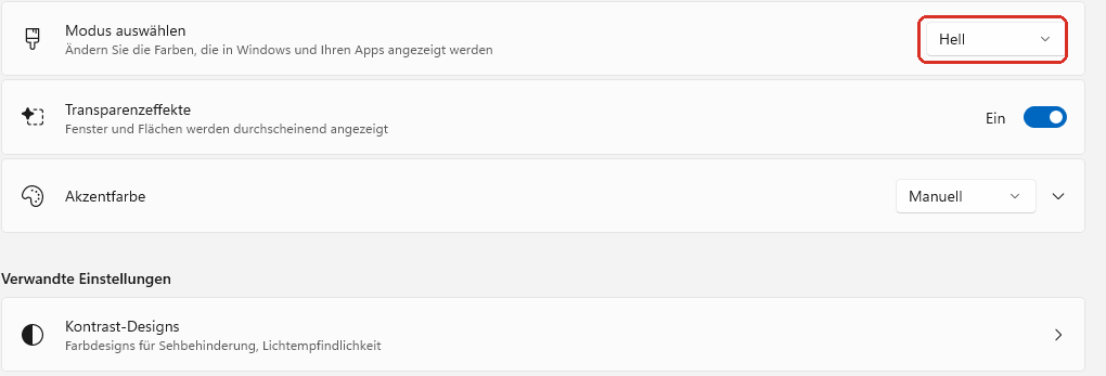 Windows-11-Einstellungen unter Personalisierung, Farben: Die Zeile „Modus auswählen“ mit dem Auswahlfeld „Hell“ ist rot markiert.