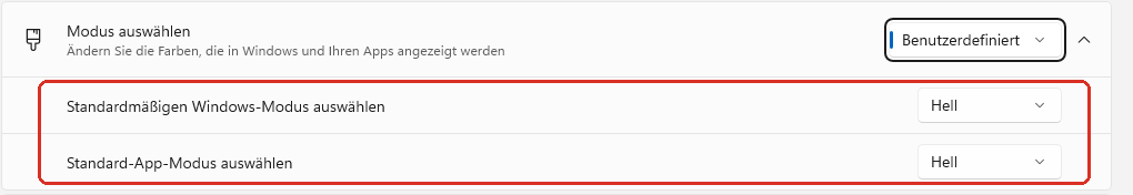 Windows-11-Farbeinstellungen im Modus „Benutzerdefiniert“ mit den beiden rot markierten Zeilen für Windows-Modus und Standard-App-Modus.