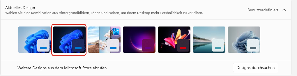 Designauswahl in den Windows-11-Einstellungen; die zweite Kachel mit dem dunklen Design ist rot markiert.