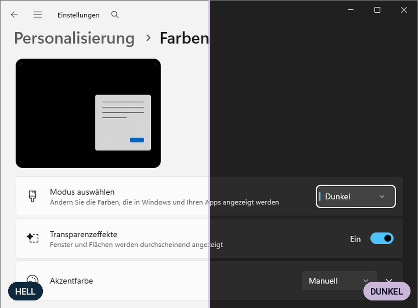 Dieselbe Windows-11-Einstellungsseite „Farben“, in der linken Bildhälfte im hellen Modus, in der rechten Bildhälfte im dunklen Modus.